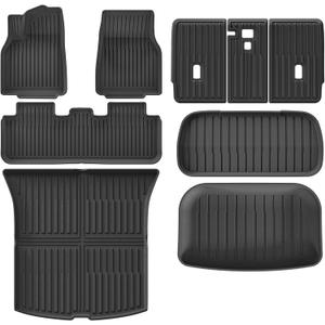 LUCKEASY 7PCS Floor Mats for 2025 Tesla Model Y Juniper New 5 Seat Foot Mats& Rear&Front Trunk Mat& Backrest Mat& Trunk Lower Protective Mat, Cargo Backrest Liner All-Weather Accessories TPE Black