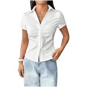 SweatyRocks Women's Ruched Button Up Blouses Collar V Neck Short Sleeve Work Shirts XL