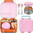 Bento Box for Kids with Soup Thermos(9oz) Kid Bento Lunch Box with Leak Proof Insulated Food Jar, Hot & Cold Lunch Container Set for School Girls Boys, 4-Compartments, Pink/Orange