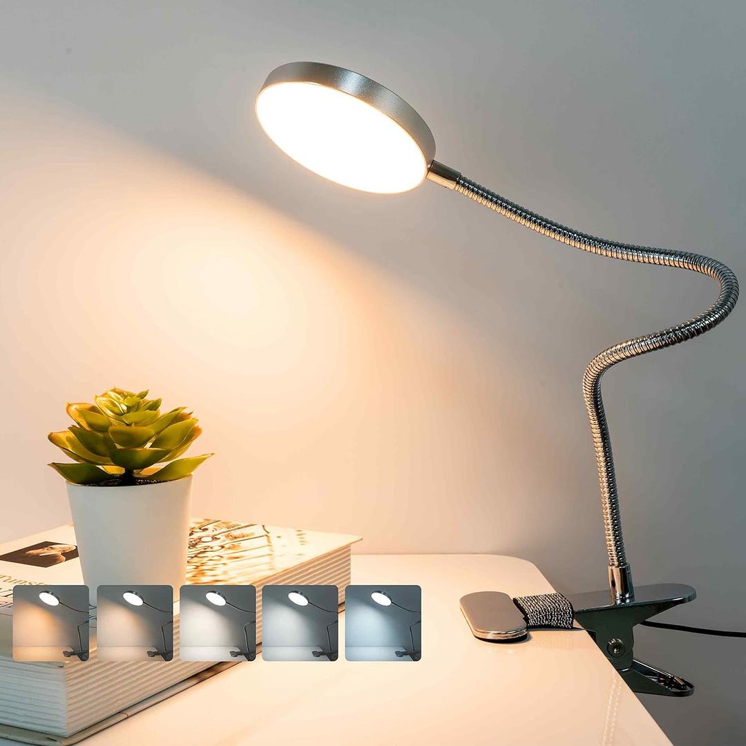 Clip on Lamp Reading Light 5 Color Modes 10 Brightness 8W 66 LED Eye Caring Metal Clamp Light Gooseneck Clip on Light for Bed Headboard Desk Video Conferencing Make up (Silver with USB Port)