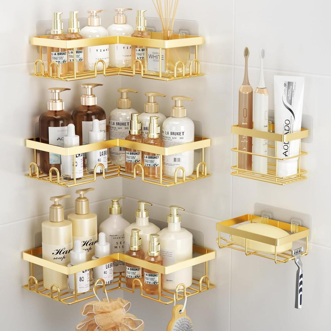Liuoud Corner Shower Caddy 5 Pack, Rustproof Stainless Steel Shower Organizer with Soap Rack Toothbrush Holder, Large Capacity Adhesive No Drilling Bathroom Kitchen&Home Decor Set, Gold