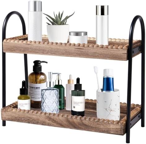 BDBDYEAY Bathroom Countertop Organizer, 2 Tier Vanity Organizer and Storage for Cosmetic Skincare Perfume, Wood Bead Storage Shelf for Bathroom Kitchen Coffee Station