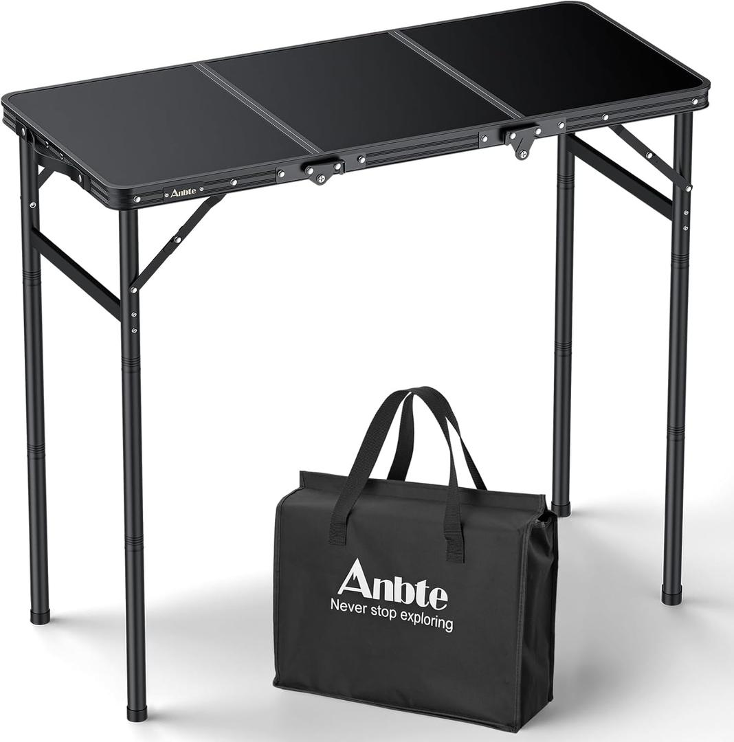 Anbte 3ft Tri-fold Camping Table Max 29.5", 3 Adjustable Heights Aluminum Folding Camping Table with Storage Bag, Lightweight, Portable Handle for Travel Outdoor Beach Picnic, 35" x 16", Black
