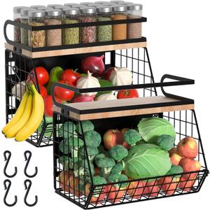 Magnetic Spice Rack for Refrigerator, Fruit, Potato & Onion Storage Bin,Large Capacity Magnetic Shelves for Side of Refrigerator, Kitchen Organizers and Storage Countertop,2 Pack Black