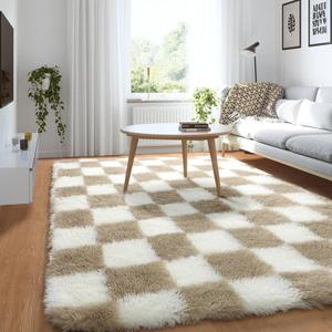 76"x62" Rugs for Living Room Beige and Cream White, Large Big Fluffy Shag Fuzzy Checkered Area Rug Shaggy Carpets for Bedroom, Soft Plush Rug for Kids Boys Girls Dorm Nursery Playroom Home Decor