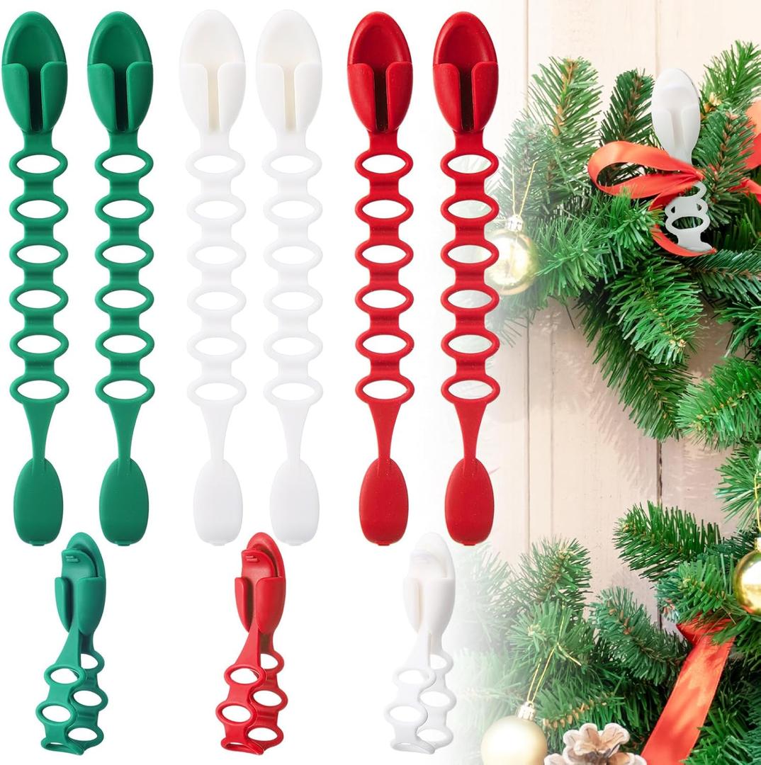 Weysat 18 Pcs Christmas Garland Hangers Hooks for Mantel Garland Ties Adjustable Stocking Holder Reusable Silicone Adhesive Straps Wreath Hangers for Fireplace(Stylish Style) (Red, Green, White)