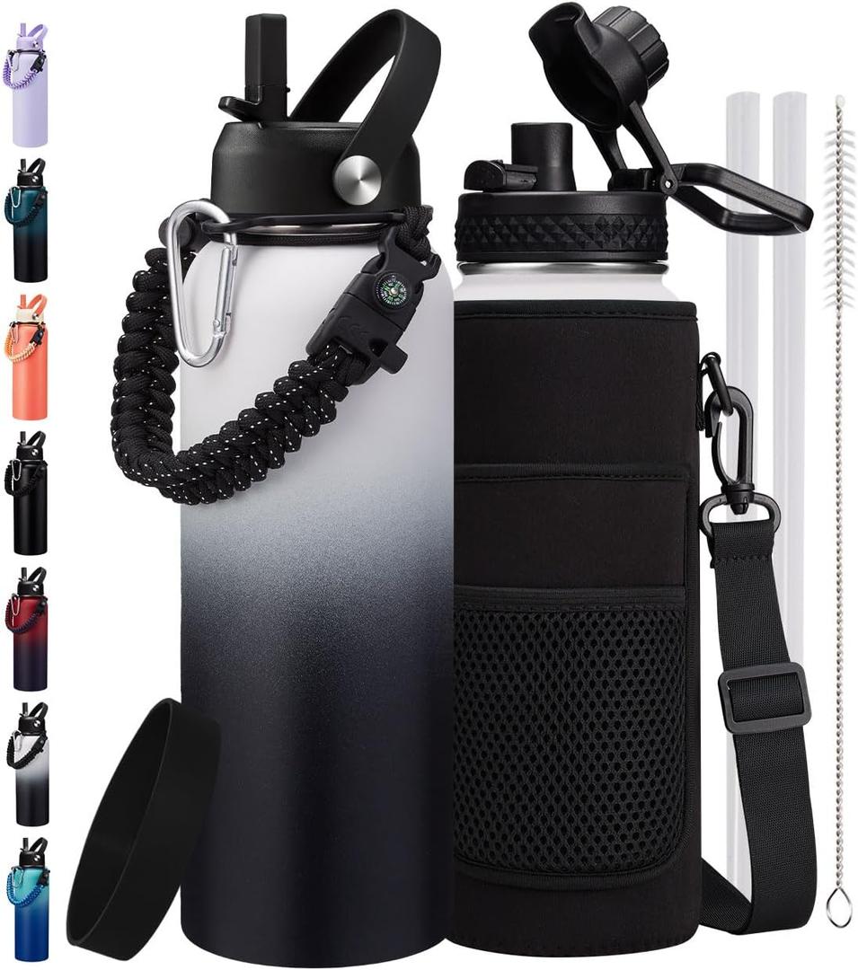 40 oz Insulated Water Bottle with Straw & Spout Lids, Paracord Handle, Bottle Holder with Strap, 40 oz Stainless Steel Water Bottle Cold for 48H, Vacuum Metal Thermal Flask for Work Travel (White Black)