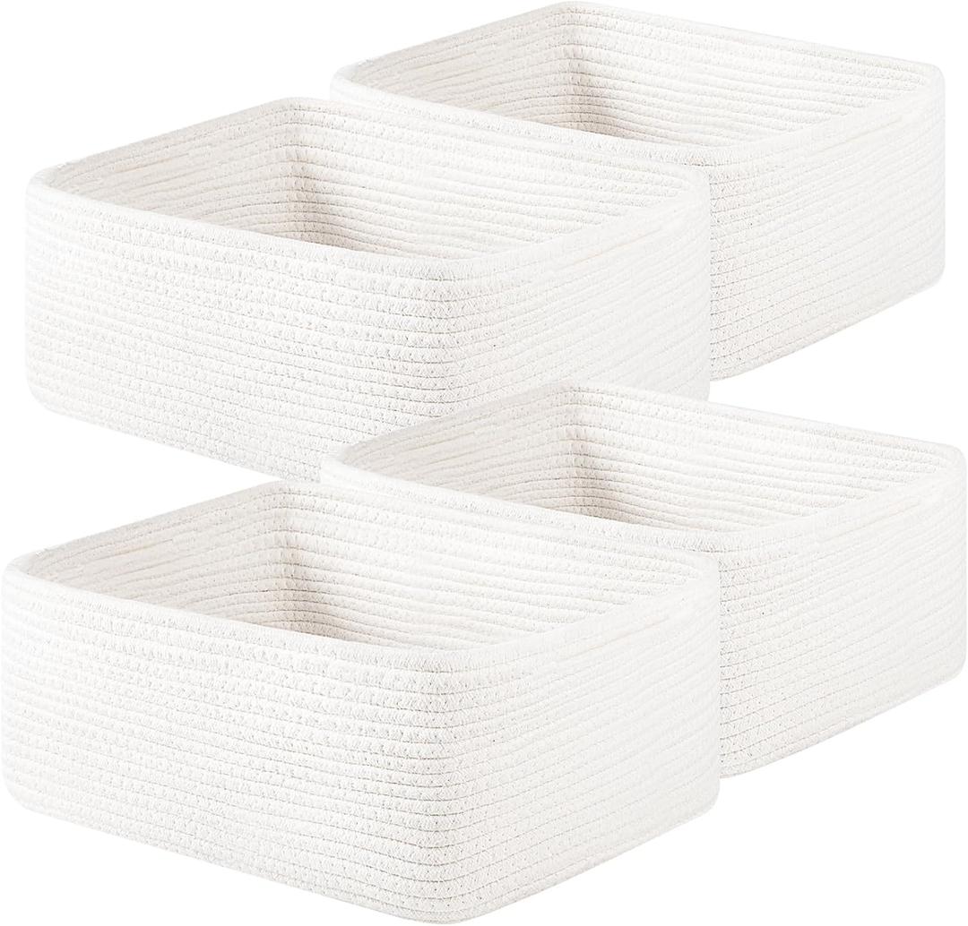 OIAHOMY 4 Pack 14.17 * 11.02 * 6.3IN Storage Baskets for Organizing Shelves, Woven Rope Baskets for Organizing Books, Clothes, Decorative Basket for Living Room, Nursery, Bedroom, Gift Basket, White