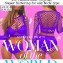 Women's Mesh Lingerie Fishnet Babydoll Mini Dress Bodysuit See Through Shirts Long Sleeves Lingerie Bodysuit Cover Up (Purple)