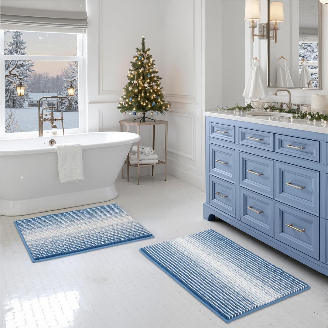 BSICPRO Bathroom Rugs and Mats Sets, 2 Piece Thick Absorbent Chenille Bath Mat Rug Set Non Slip, Soft Shaggy Bath Room Floor Mats for Bathroom, Machine Washable (Sky Blue, 20" x 32" Plus 16" x 24")