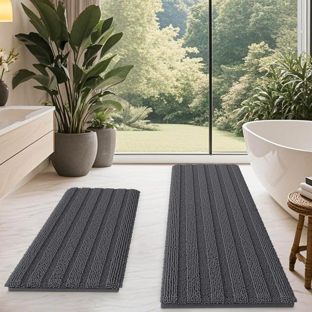 Striped Grey Bathroom Rug Mat Set 2 piece 32"x20"+60"x20" Ultra Soft, Non Slip Chenille Bath Rugs, Absorbent Plush Shaggy Bath Mats for Bathroom, Bedroom, Kitchen, Shower, Tub,Dark Gray, Charcoal (2'8"x1'8"+5'x1'8")