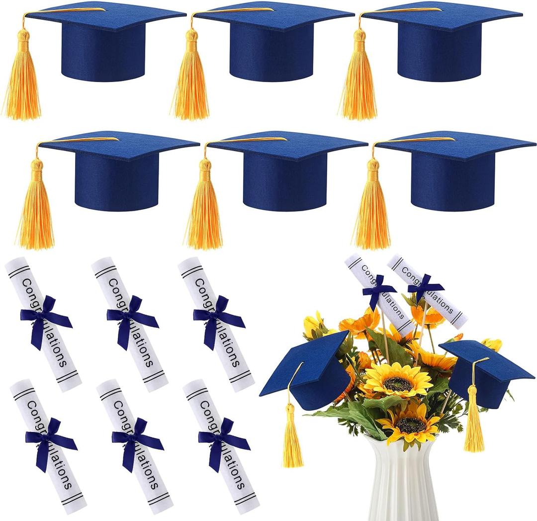 Breling 24 Pcs Blue and Gold Graduation Centerpiece Sticks Felt Graduation Scroll Diploma and Grad Cap with Tassel Decor 2026 Table Toppers Centerpiece Party Supplies for Grad Party Decorations