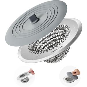 TRAPMATE Tub Stopper, Reversible Bathtub Drain Hair Catcher & Stopper, Ultra Revolutionary Bath Tub Drain Protector, Stainless Steel Hair Catcher & Silicone Stopper, 4.4" Drain Cover for Shower, Bath Silver & Grey