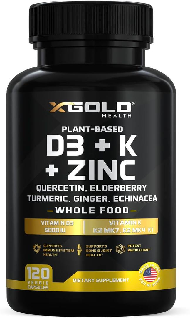 Vitamin D, K2, K1, Zinc, Quercetin, Elderberry, Turmeric, Ginger & Echinacea Whole Food Supplement 8 in 1- D3 5000 IU Plant-Based from Lichen, Vitamin K (K2 MK7, MK4, K1), D3 K2 Vitamins -120 Capsules, 06/28