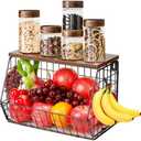 Livabber Fruit Basket for Kitchen, Metal Fruit Vegetable Storage Bin with 2 Banana Hangers, Countertop Wire Basket Organizer for Snack Potato Onion, Screw Mounted or Stand (Black, 1 Pack)