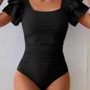 Eomenie Women's Tummy Control One Piece Swimsuit Ruffle Square Neck Bathing Suit Ruched Cutout Back Slimming Swimwear (Black, XL)