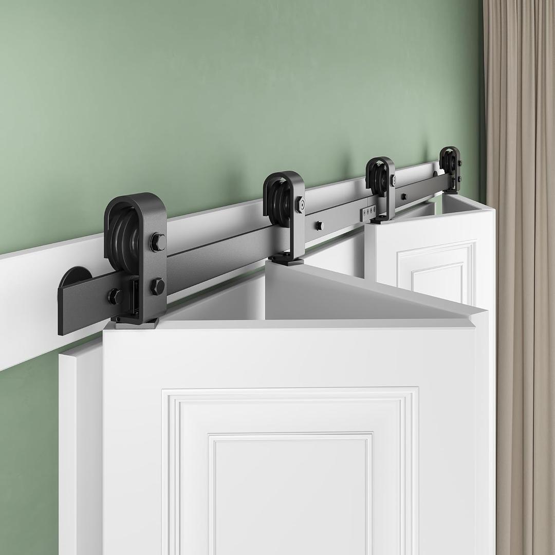SMARTSTANDARD 96" Bifold Sliding Barn Door Hardware Kit, 8ft Top Mount Bi-Folding Track Kit for Four 23" Closet Pantry Laundry Doors-Smoothly and Quietly, Black [No Door]