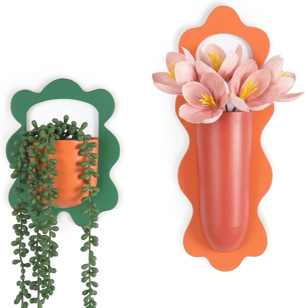 Metal Wall Planters Set of 2, Retro Wavy-Edge Hanging Vases - Orange & Green Red Iron Wall-Mounted Planters for Indoor Plants, Flowers & Home Decor (Living Room, Bedroom, Bathroom)