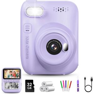 Kids Instant Print Camera, 3.0-inch HD Screen 32MP Photo Instant Digital Camera Christmas Birthday Gifts Toys for Children Girls Boys Age 3-12 - Purple