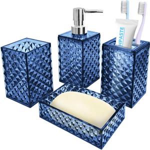 Bathroom Accessory Set, 4 PCS Blue Bathroom Accessories Sets, Soap Dispenser and Toothbrush Holder Set, Soap Dish and Mouthwash Cup, Boho Bathroom Decor, Bathroom Sets Accessories