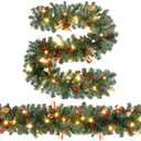 Ceenna 2 Pcs 6 ft Christmas Garland with Lights Christmas Prelit Artificial Garland with Pine Berries Decor Christmas Fireplace Decorations for Mantle Banister Indoor Outdoor(Bow)