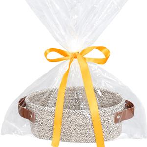 ABenkle Small Woven Basket, Mini Cotton Rope Storage Tiny Shelf Oval Decorative Toy Dog Cat Bin for Nursery, Empty Gift Basket with Gift Bags and Ribbon (Mixed Brown)