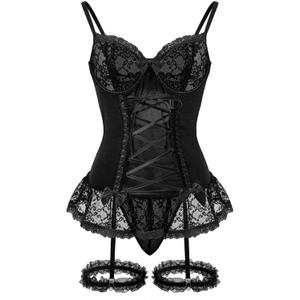 Sexy Mesh Corset Ruffle Lace Up Underwire Sheer Garter Belt Babydoll Lingerie Set With Thong 3 Piece Women (Large, Pure Black)