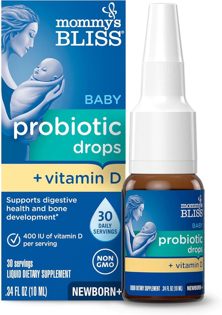 Mommy's Bliss Baby Probiotics + Vitamin D Drops, Supports Digestive Health & Immune Function*, 400IU Vitamin D , Supports Bone Development*, Newborns+, Flavorless, 0.34 Fl Oz (30 Servings)