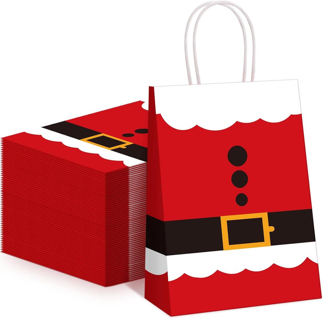 Cholemy 50 Pieces Christmas Gift Bags Snowflake Red and White Kraft Paper Bags with Handles for Winter Xmas Party Favor Goody, 5.91 x 3.15 x 8.27 Inches(Santa Claus)