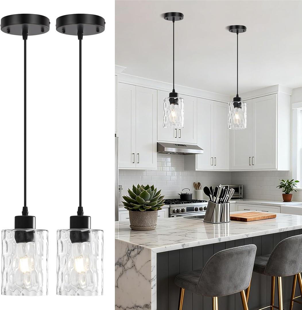 2 Pack Black Pendant Lights Kitchen Island, Adjustable Modern Glass Pendant Light Fixtures Hanging Light Fixture with Hammerde Glass Shade for Bedroom Dining Room Living Room Entryway