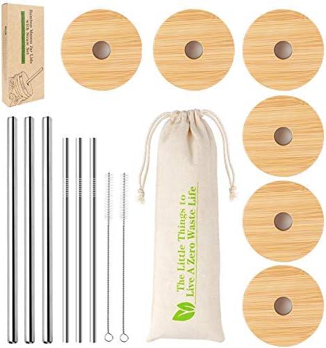 CNVOILA Bamboo Lids for Beer Can Glass, Regular Mouth Mason Jar Lids Mason Jar Lids With Straw Hole, & 3 Stainless Steel Boba Straw & 3 Stainless Steel Thin Straw - 6 Pack Set