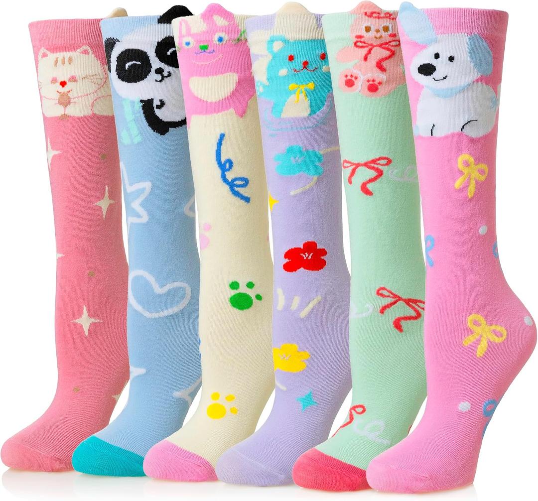 WEVIAS Girls Knee High Socks Kids Long Crazy Fun Silly Gifts Boot Cute Animal Funny Tall Cotton Socks 6 Pairs 3-12Y
