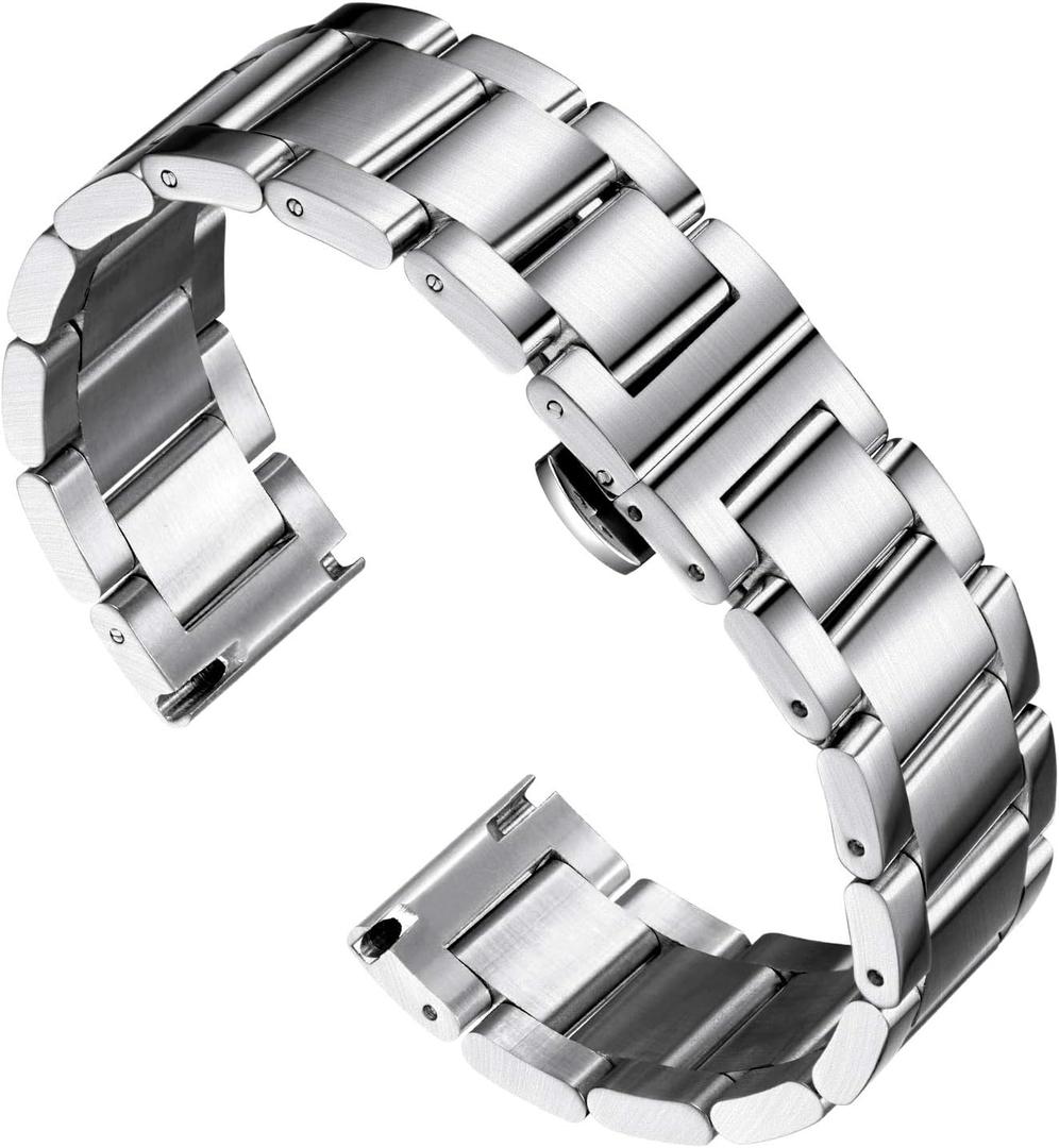 BINLUN Stainless Steel Watch Band, Heavy Duty Metal Replacement Strap with Polished & Matte Brushed Finish for Men and Women, 16mm-26mm(Brushed Finish Silver,26mm)