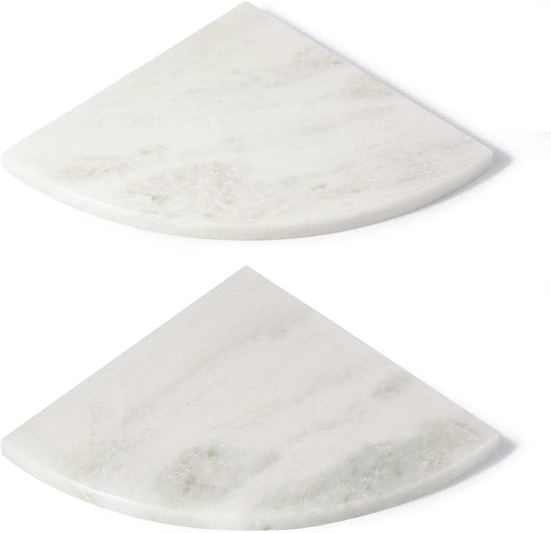 Koville 2 Pcs White Marble Corner Shower Shelves for Bathroom, 10'' Polished Marble Corner Shelves, Wall Mounted Stone Corner Shower Caddy, No Drilling Adhesive Shower Shelf - Namib Fantasy
