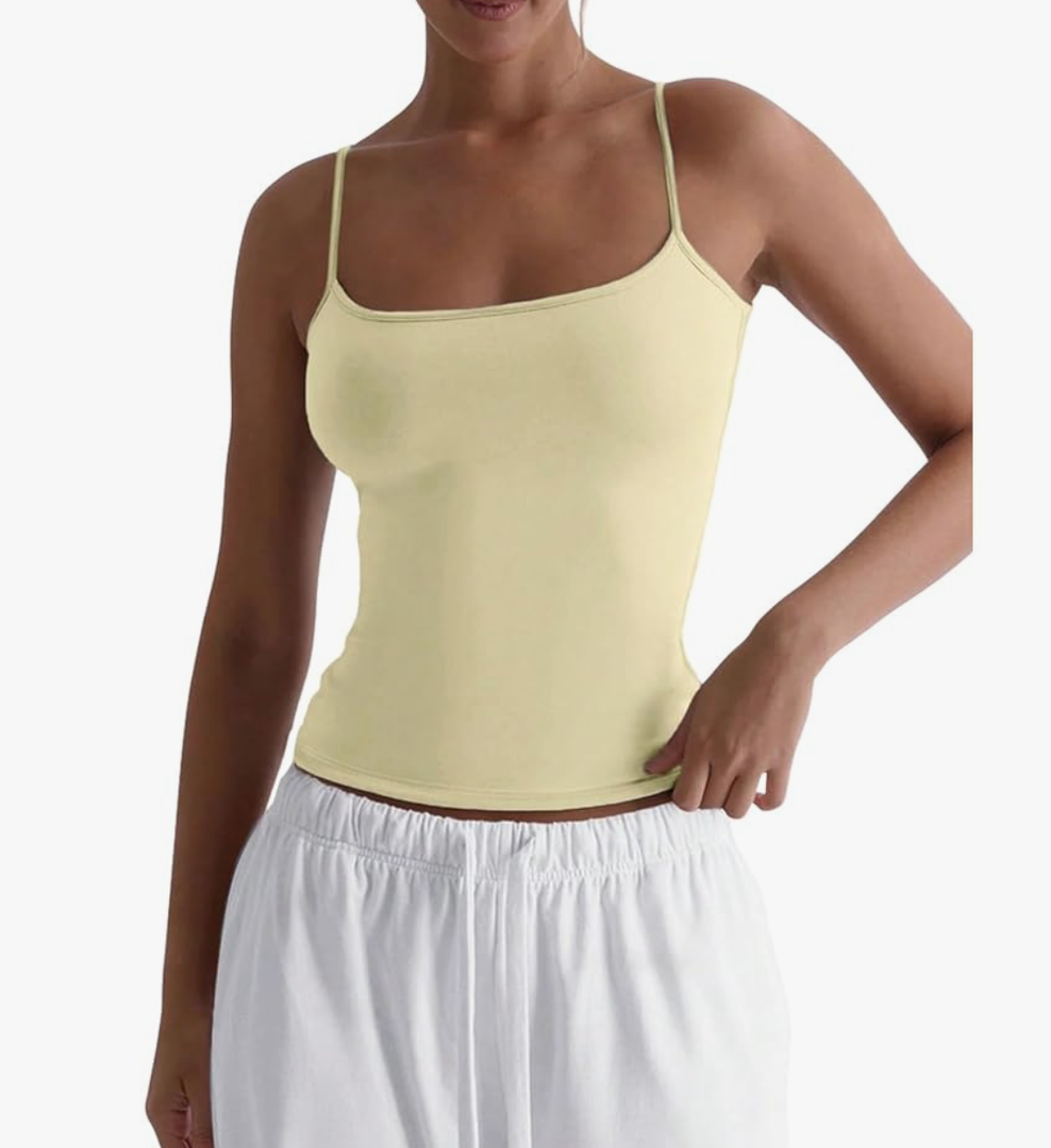 SUUKSESS Women Sexy Square Neck Tank Top Summer Going Out Tops Double Line Sleeveless Basic Cami Shirts (Pale Yellow, M)