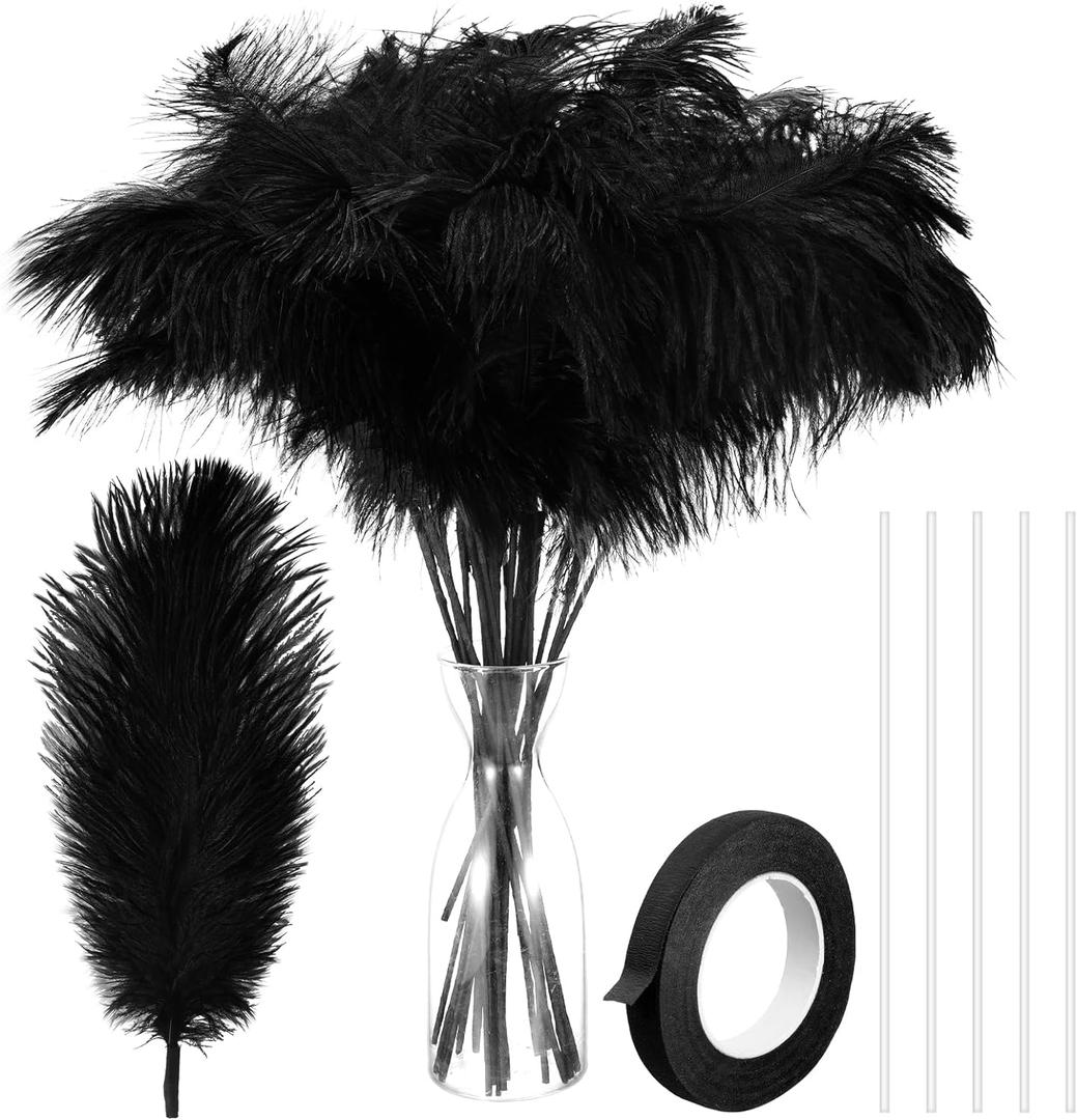 80 Pcs Ostrich Feathers Bulk for Vase Large Natural Ostrich Feathers 8-12inch with 80 Pcs Iron Wire and 1 Tape for Vase Flower Arrangement Wedding Party Centerpieces(Black)
