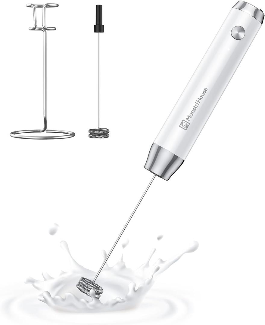Maestri House Rechargeable Milk Frother with Stand, LunaFro Handheld Electric Foam Maker Waterproof Detachable Stainless Steel Whisk Drink Mixer Foamer for Lattes, Cappuccino (White)