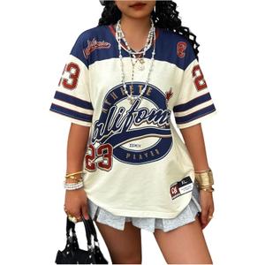 Women's Jersey Shirts Graphic Color Block Racing T Shirt Short Sleeve Crewneck Preppy Tee Tops Vintage Y2K Clothes (5X-Large Plus, Beige)