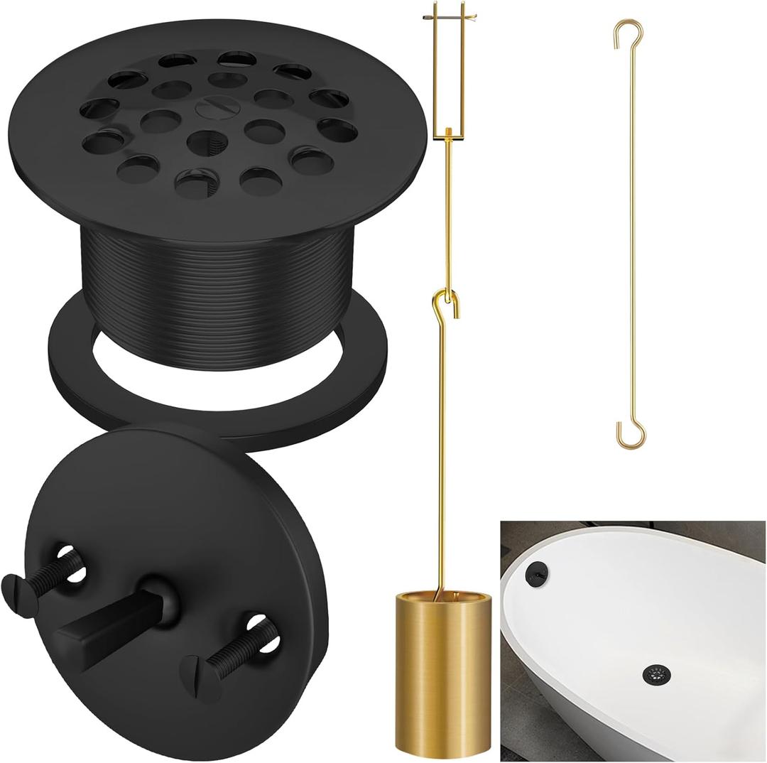 Tub Drain Linkage Assembly with Trip Lever and Strainer Done Cover, Universal Overflow Faceplate Trim Kit with Screws, Fit for Bathtub Trip Lever Waste and Overflow Drain Kit, Matte Black