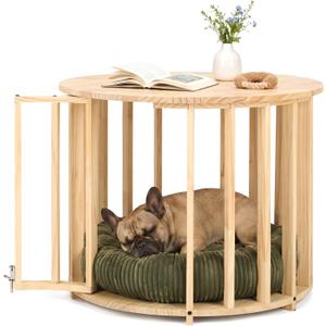 Veehoo Dog Crate Furniture, Round Cat Coffee Table with Cat Bed