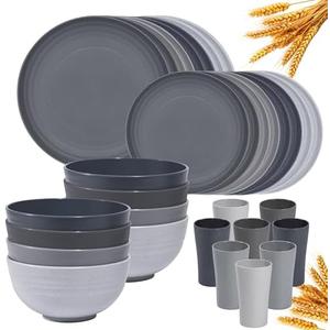 Klickpick Home 32 Pieces wheatstraw Dinnerware Set with 8 Each of Dinner Plates Desert Plates Cereal Salad Bowls Cups Unbreakable Modern Dinner Set for Microwave Dishwasher Safe Reusable Grey stone