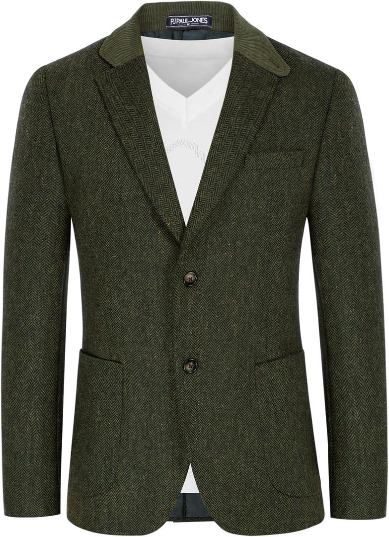 PJ PAUL JONES Mens Herringbone Blazer Vintage Tweed Wool Blend Sport Coat Jacket (Small, Army Green)