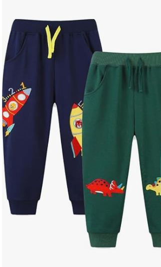 GFQLONG 2 Pack Baby Boy Drawstring Elastic Sweatpants,Toddler Cotton Dinosaur Active Jogger Pants with Pockets, 4Y