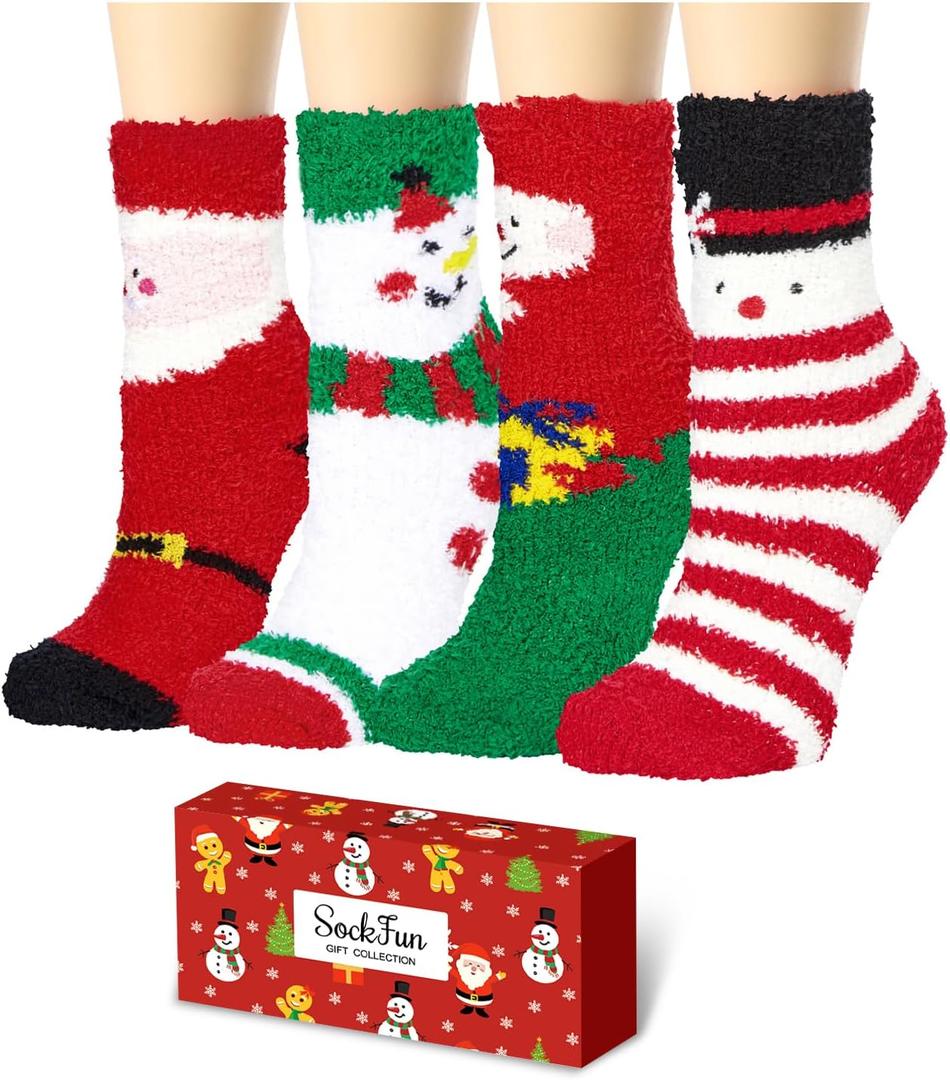 Christmas Socks for Women - Girls Christmas Gifts Stocking Stuffers Fuzzy Socks 4 Pack