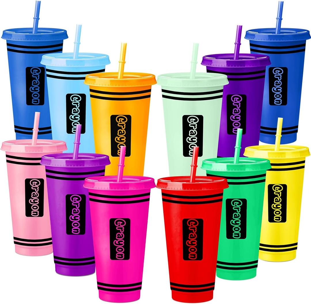 Skylety 12 Pcs Teacher Appreciation Gifts Bulk Christmas Gifts 24 oz Crayon Plastic Tumblers with Lids and Straws Reusable Water Bottle Classroom Party Favors Birthday Party Decorations