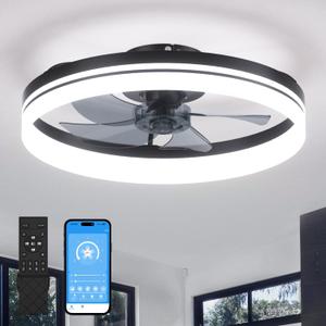 Ceiling Fans with Lights and Remote/APP Control, 19.7in Low Profile Ceiling Fans with Light, Smart Flush Mount Ceiling Fan 6 Wind Speeds, 3000K-6500K Dimmable LED Ceiling Fan Light for Bedroom, Black