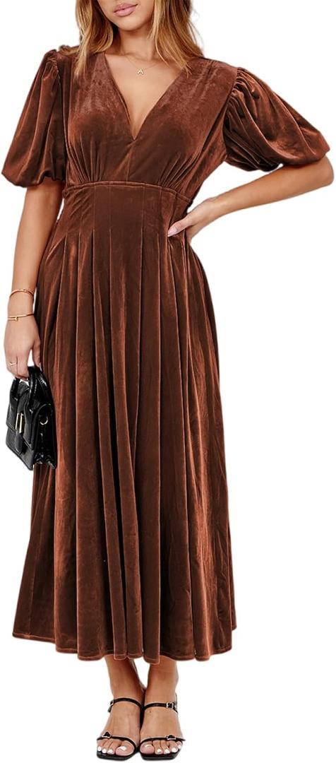 Women's Velvet Maxi Dress Formal Dresses for Wedding Guest Dress (Large, P#velvet- brown)