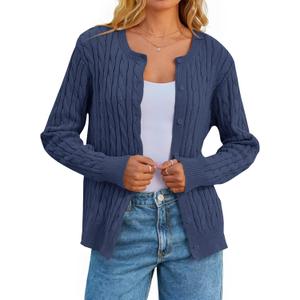 MEROKEETY Women's Cable Knit Open Front Cardigan Sweaters Fall Long Sleeve Button Down Soft Outwear (Blue, S)