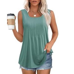 Womens Tank Tops Plus Size Dressy Casual 2025 Loose Fit Summer Tunic for Women Sleeveless Flowy Pleated Front Tops Work Formal Classy Western Flattering Street Wear Green S