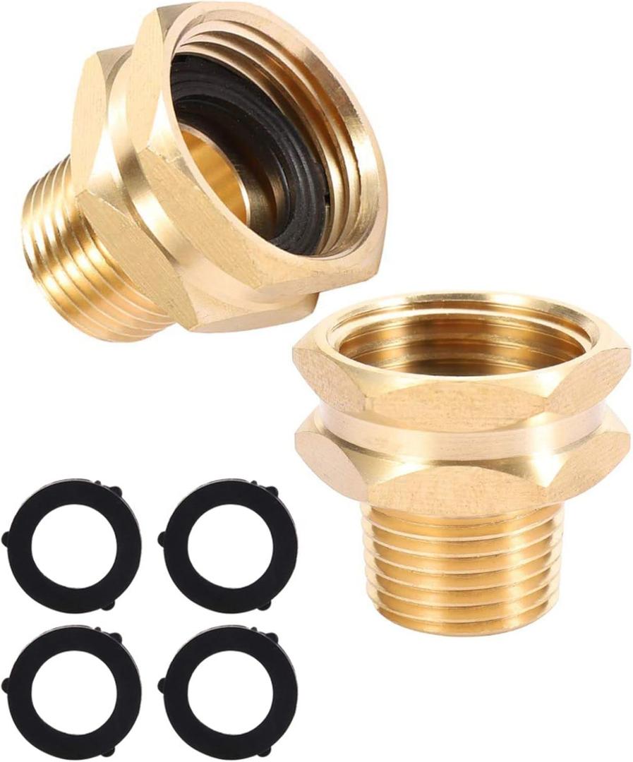 Performore 2 Pack of 3/4 Inch GHT Female to 1/2 Inch NPT Male Connector GHT to NPT Adapter Brass Fitting, Garden Hose Thread Metal Adapters, Includes 4 Washers with 2 Extra Free (3/4 GHT Female x 1/2 NPT Male Connector)